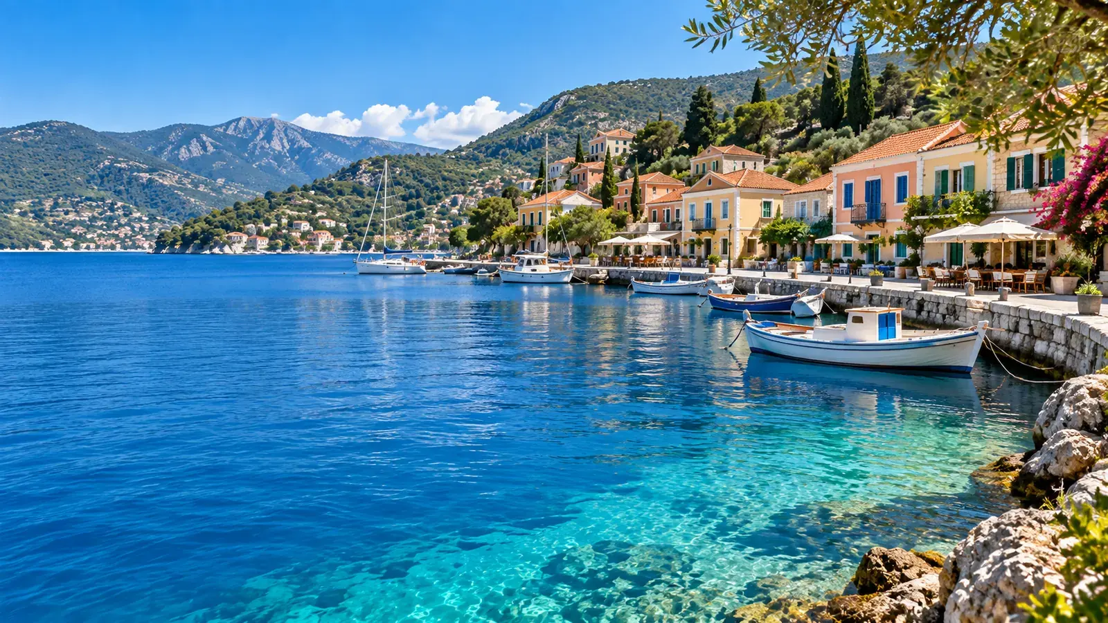 Kefalonia harbor village and crystal-clear water